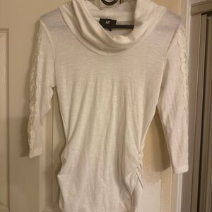 White Cowl Neck Top with Lace Sleeves